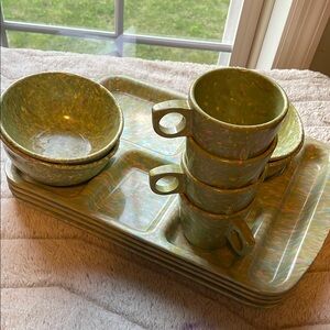 Vintage Prolon Confetti Green Lunch Tray Dinnerware Set Mug Bowl